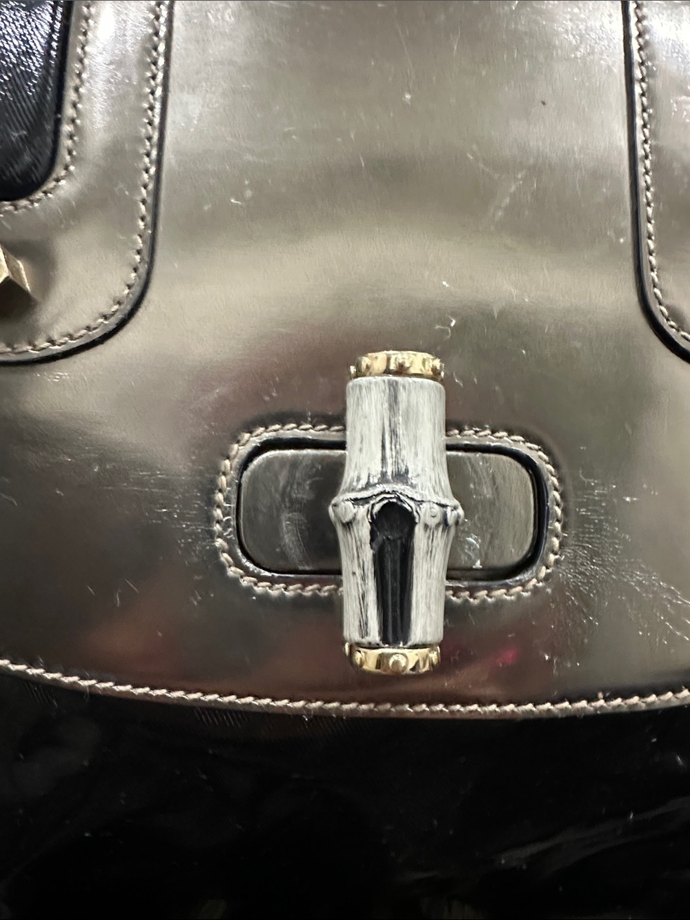 GUCCI metallic Silver and Black Top-Handle GUCCI bamboo LARGE purse - Picture 3 of 16